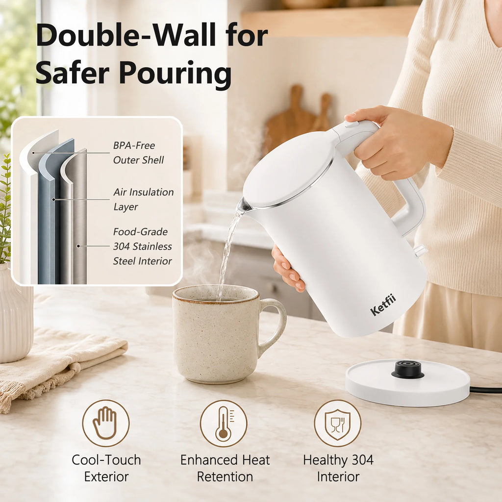 1.7L double-wall electric kettle with cool-touch exterior and 304 stainless steel interior