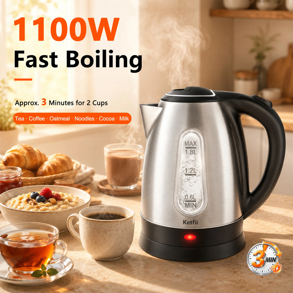 1100W fast boiling stainless steel electric kettle for tea coffee and hot water