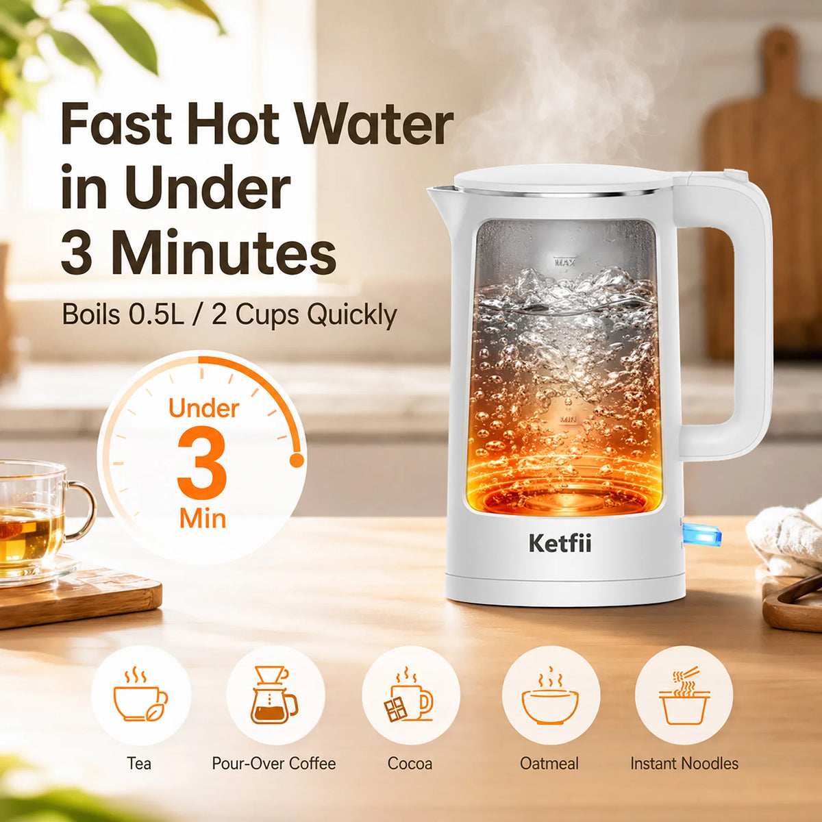 1500W fast boiling electric kettle heats 0.5L of water in under 2 minutes for tea and coffee