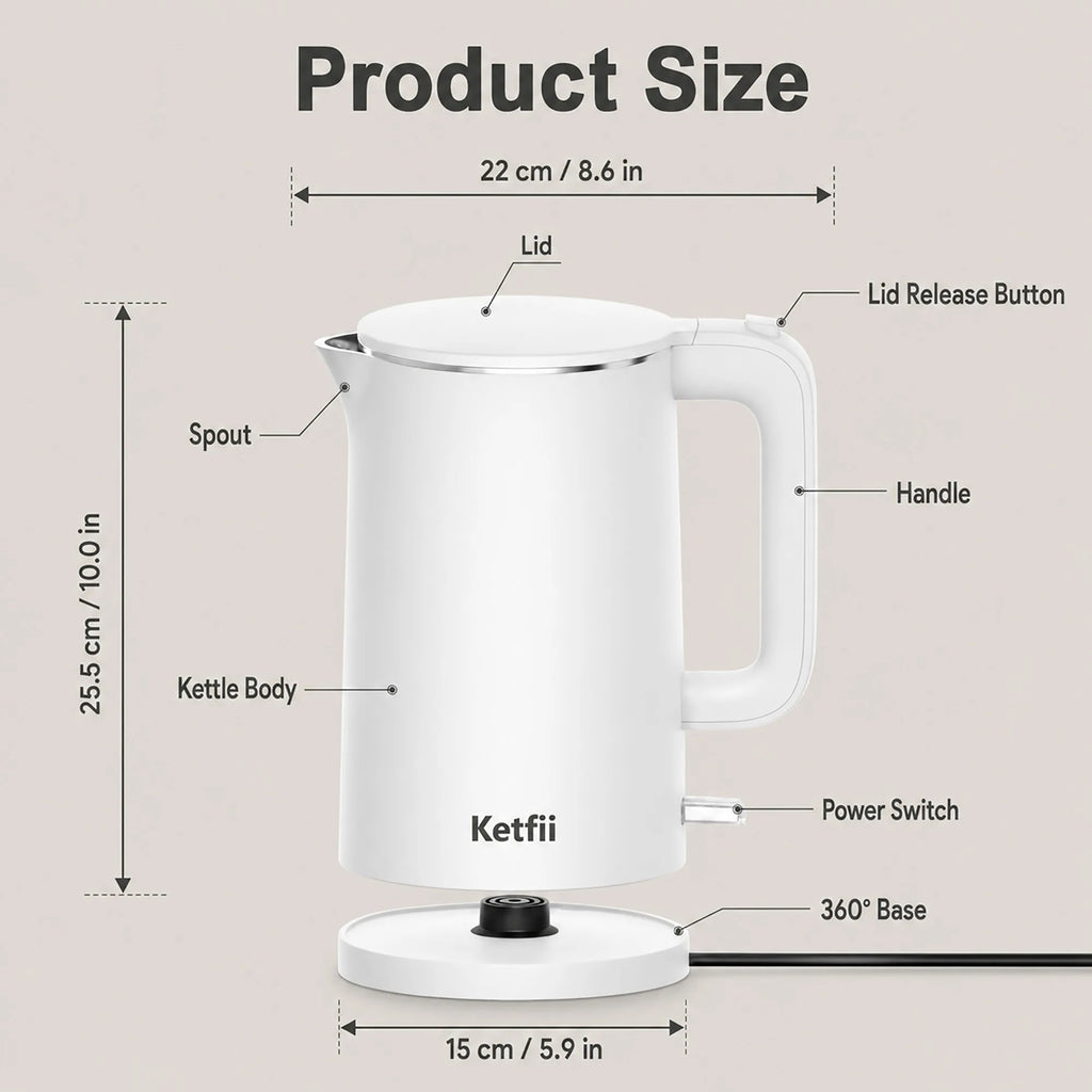 Ketfii 1.7L electric kettle dimensions with 360 degree base lid handle spout and power switch