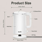 Ketfii 1.7L electric kettle dimensions with 360 degree base lid handle spout and power switch