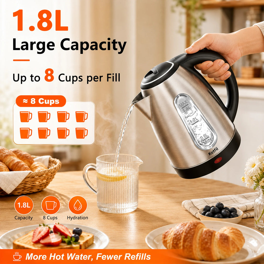 Ketfii 1.8L large capacity electric kettle holds up to 8 cups of hot water
