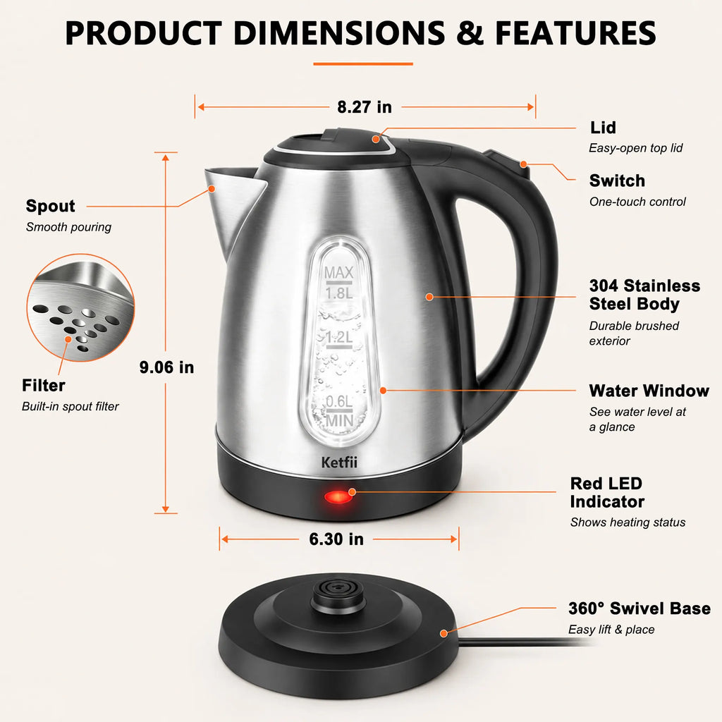 Ketfii 1.8L stainless steel electric kettle dimensions and product features