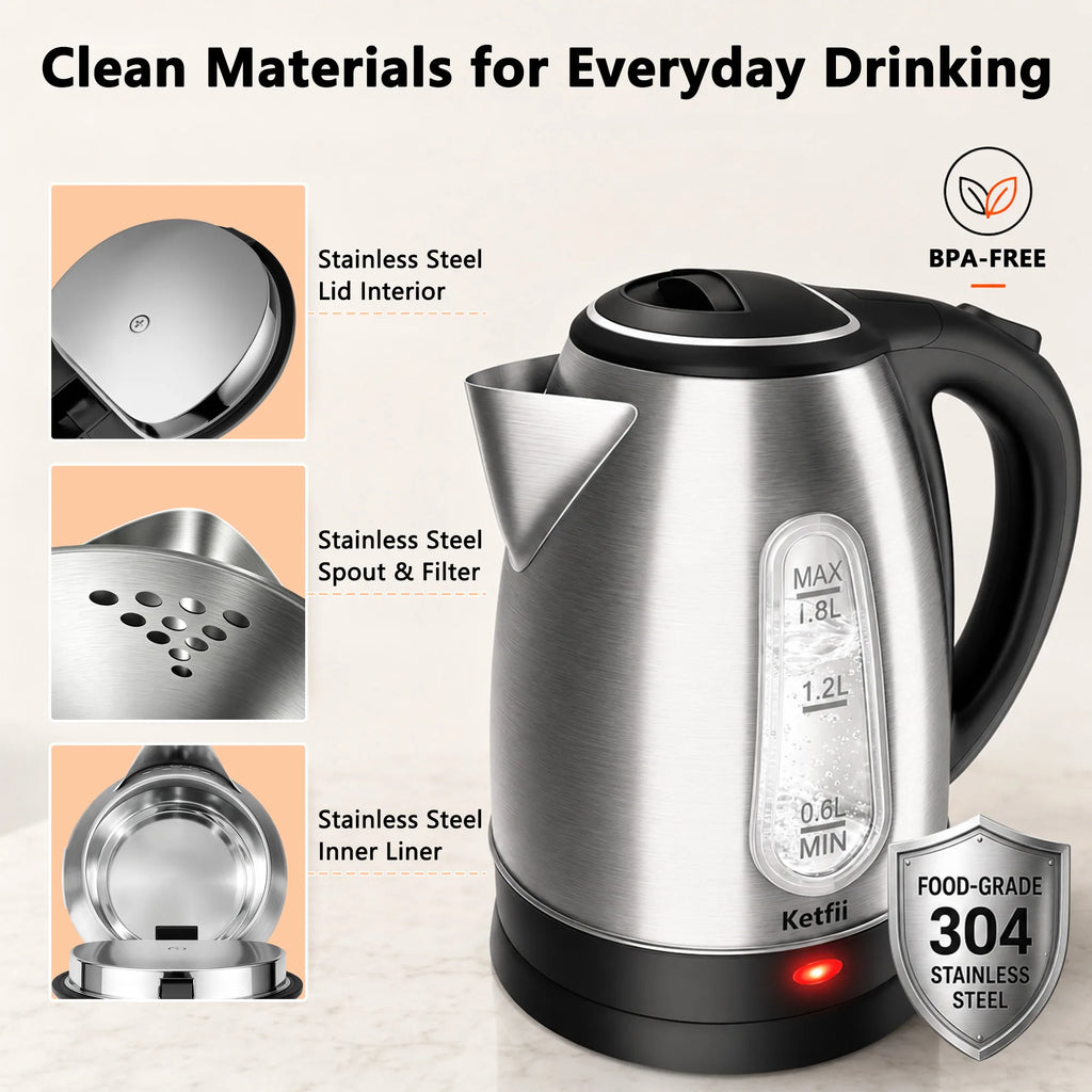 Ketfii electric kettle with 304 stainless steel interior lid spout and filter