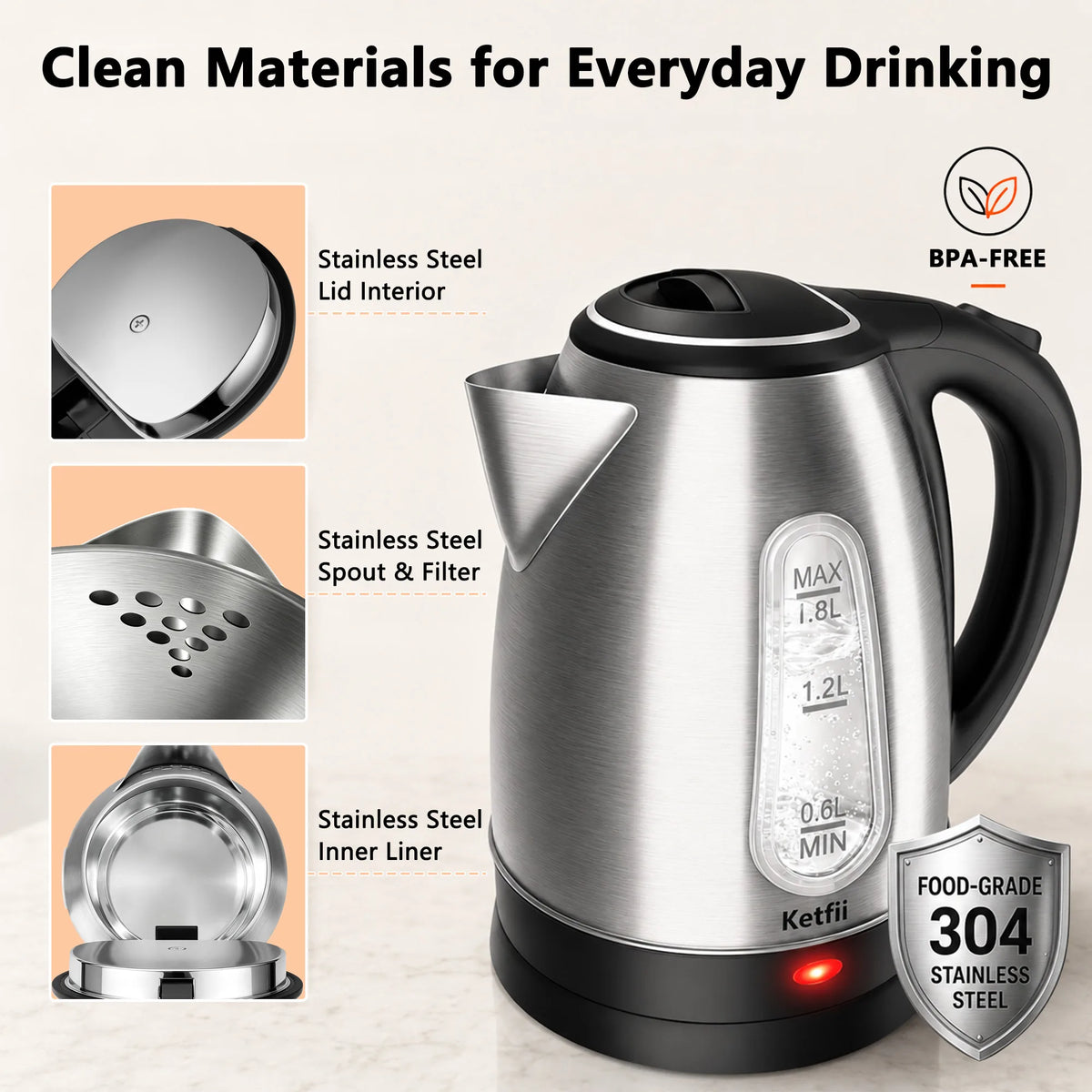 Ketfii electric kettle with 304 stainless steel interior lid spout and filter