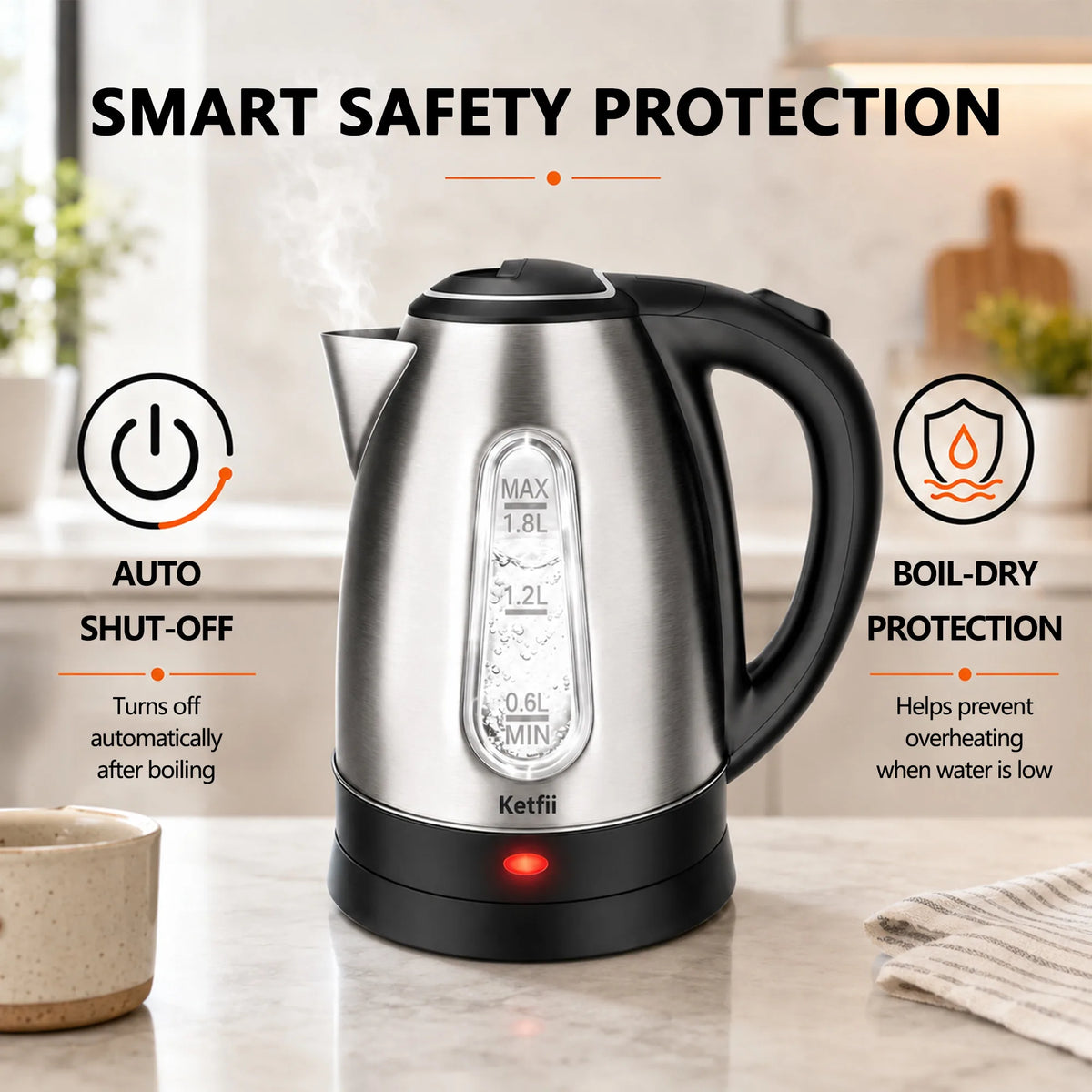 Ketfii electric kettle with auto shut-off and boil-dry protection