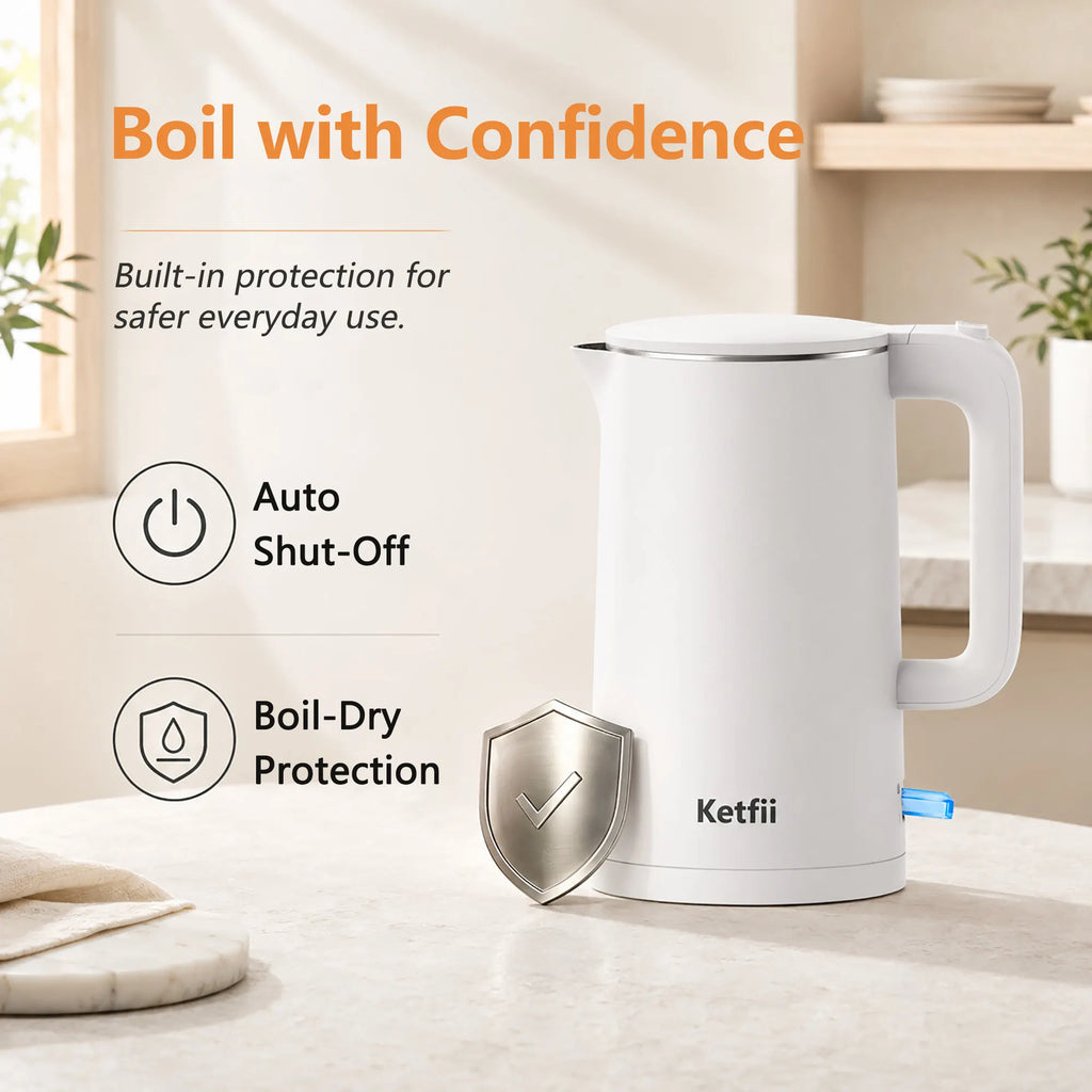 Ketfii electric kettle with auto shut-off and boil-dry protection for safer everyday use