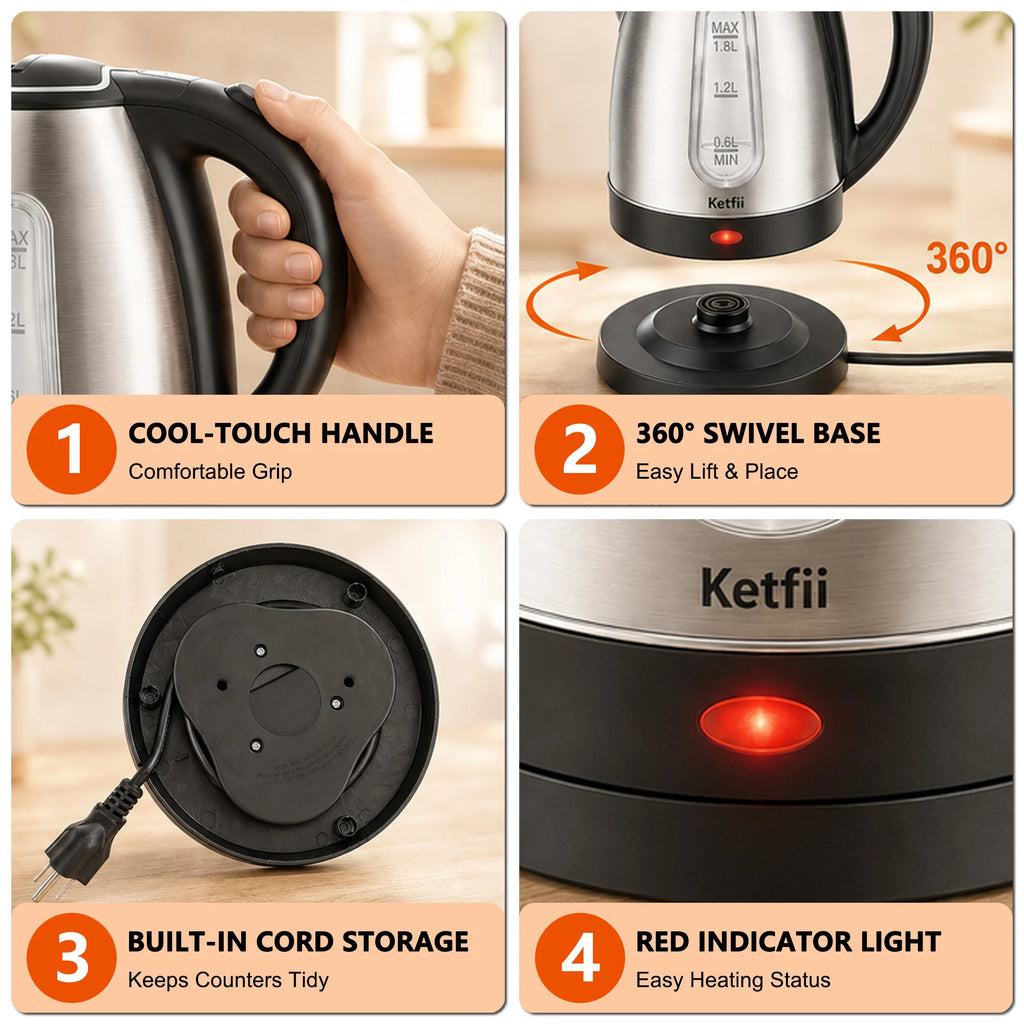 Ketfii electric kettle with cool-touch handle 360 degree swivel base and red indicator light