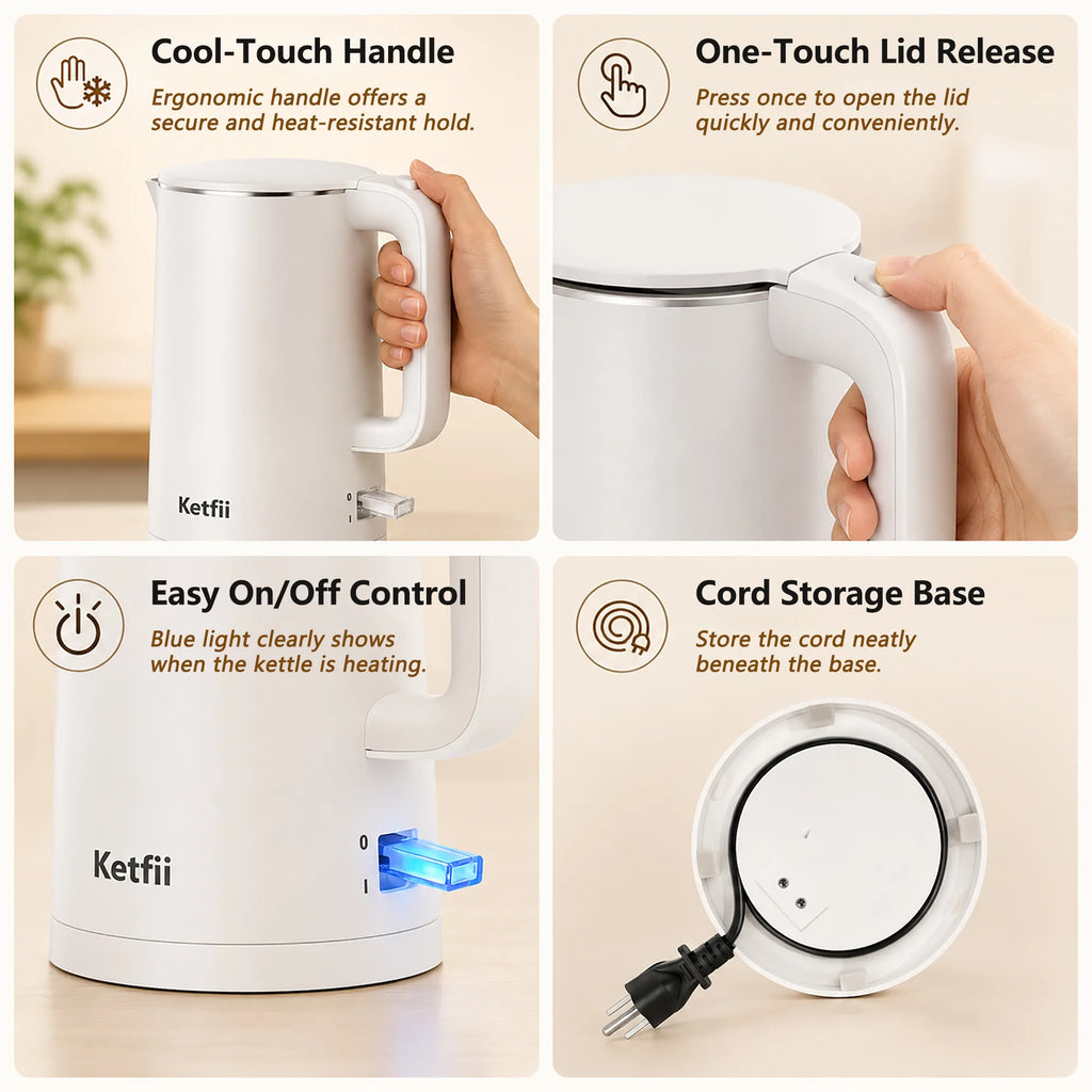 Ketfii electric kettle with cool-touch handle one-touch lid blue switch and cord storage base