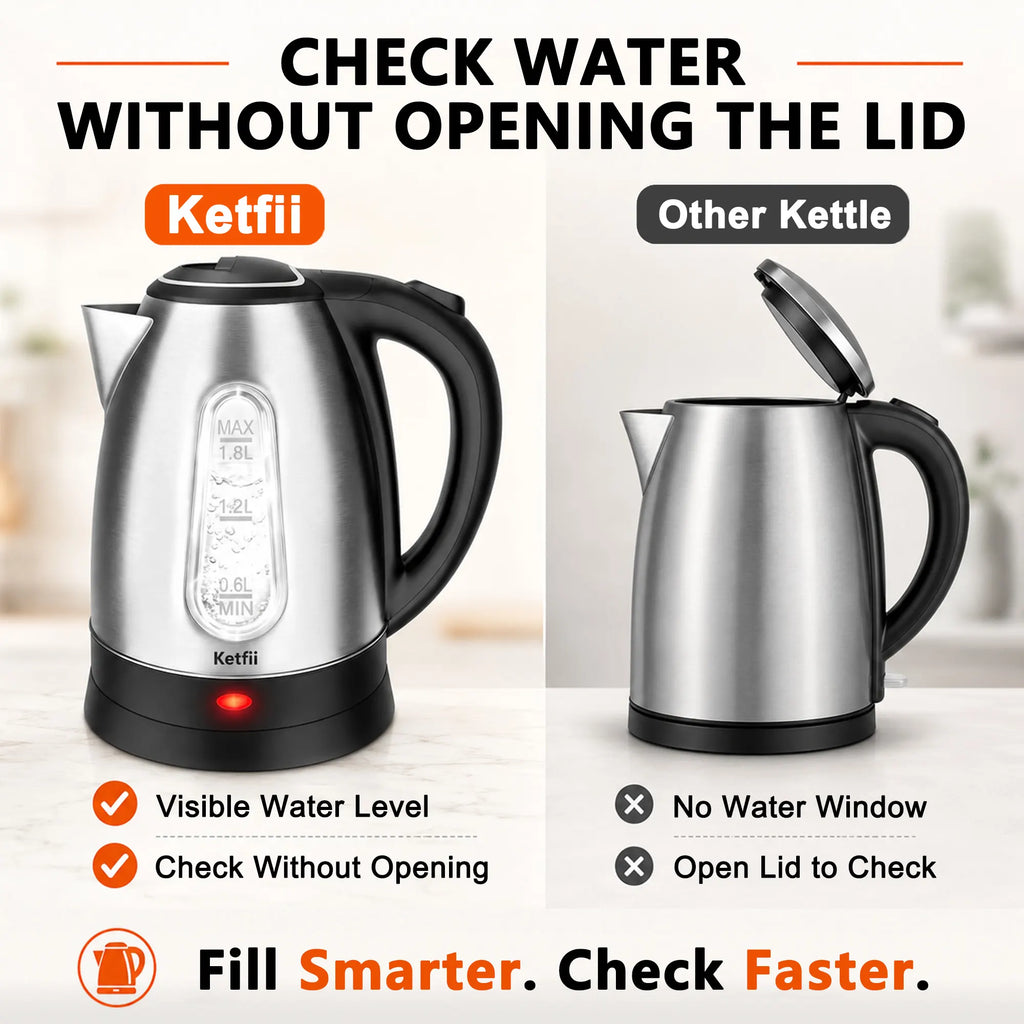 Stainless steel electric kettle with visible water level window for easy checking