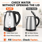 Stainless steel electric kettle with visible water level window for easy checking