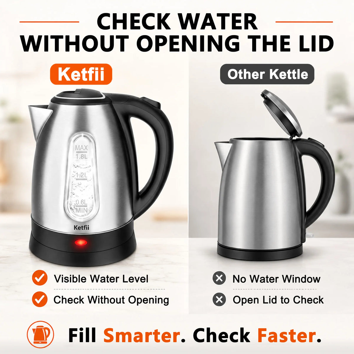 Stainless steel electric kettle with visible water level window for easy checking
