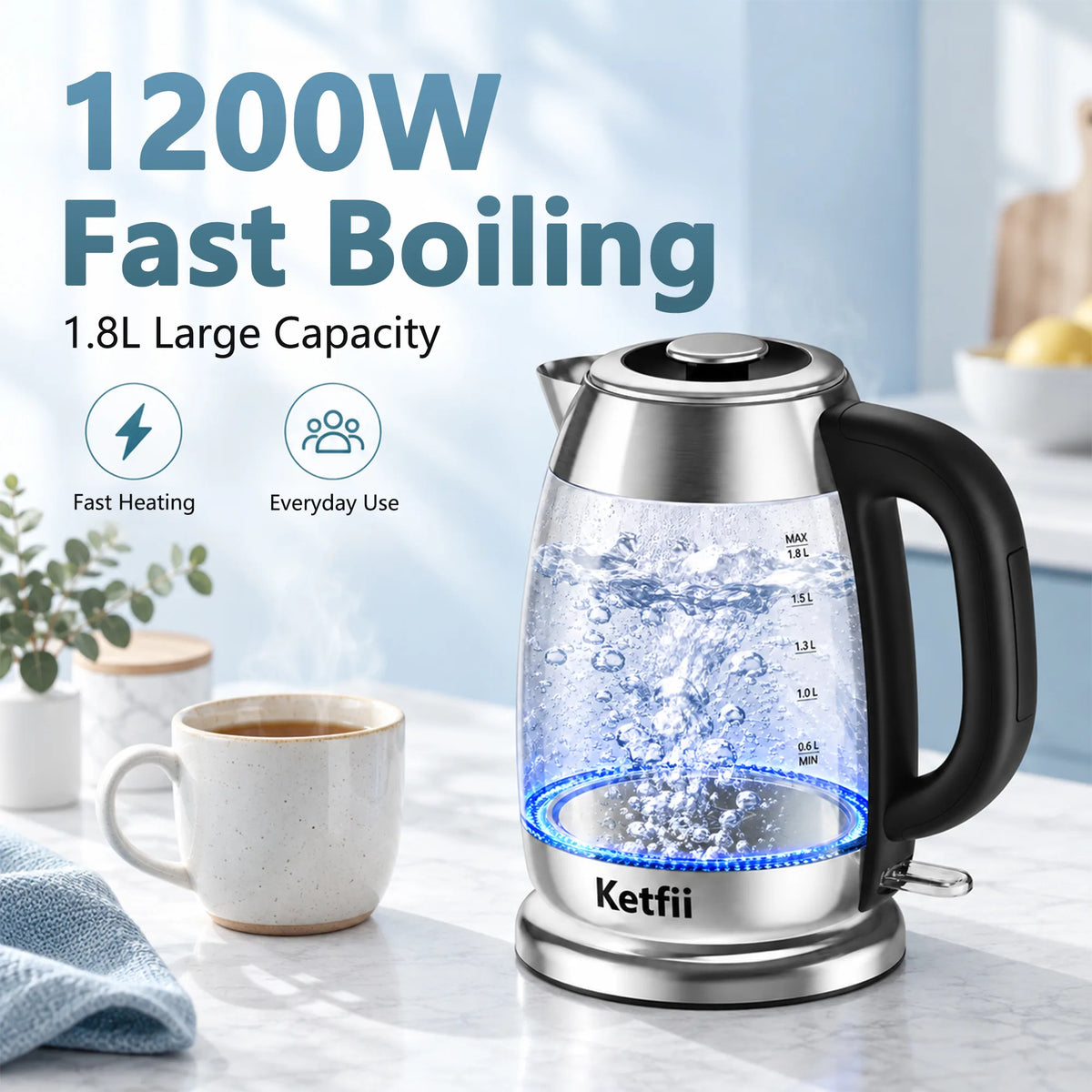 1200W Fast Boiling, 1.8L Large Capacity ketfii electric kettle