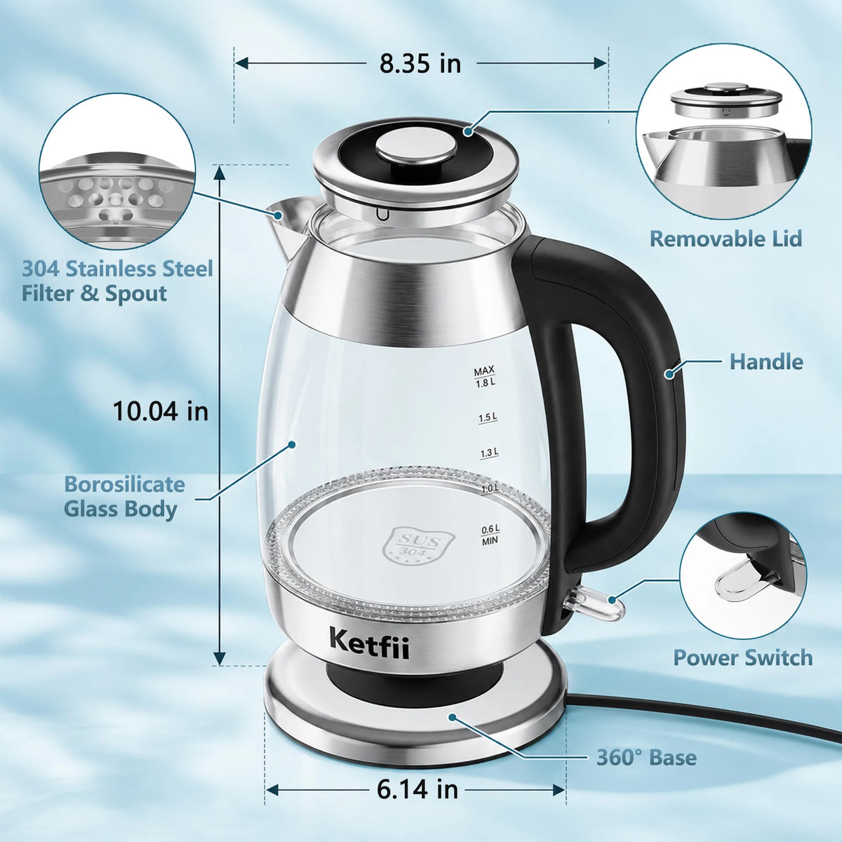 Product Details & Dimensions ketfii electric kettle
